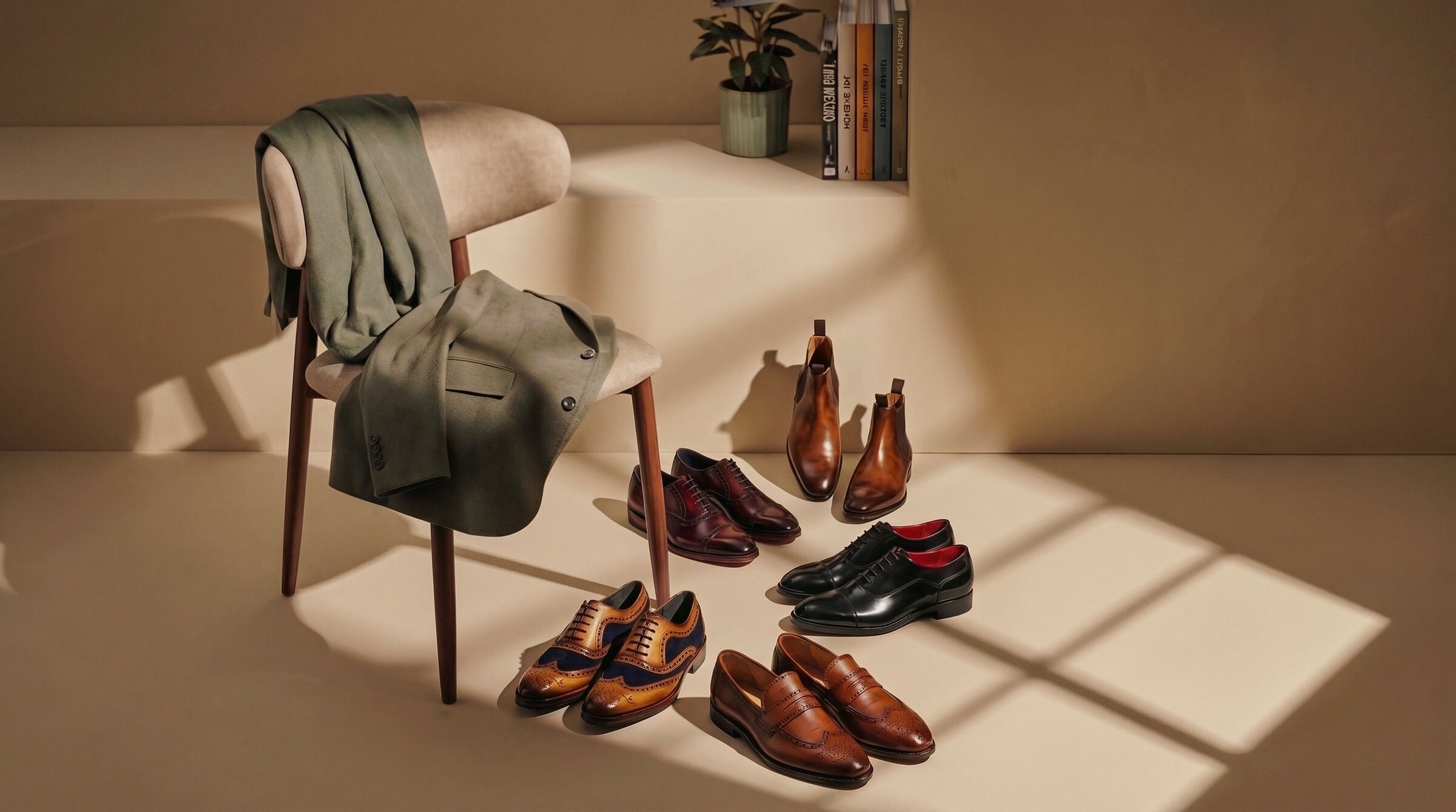 Our hand finished Chelsea boots, cap toe oxfords, wingtip brogues and brogue penny loafers in warm afternoon light