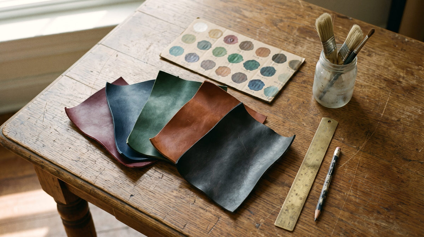 Leather swatches in burgundy, navy, green, cognac and black beside a colour card and a brass ruler