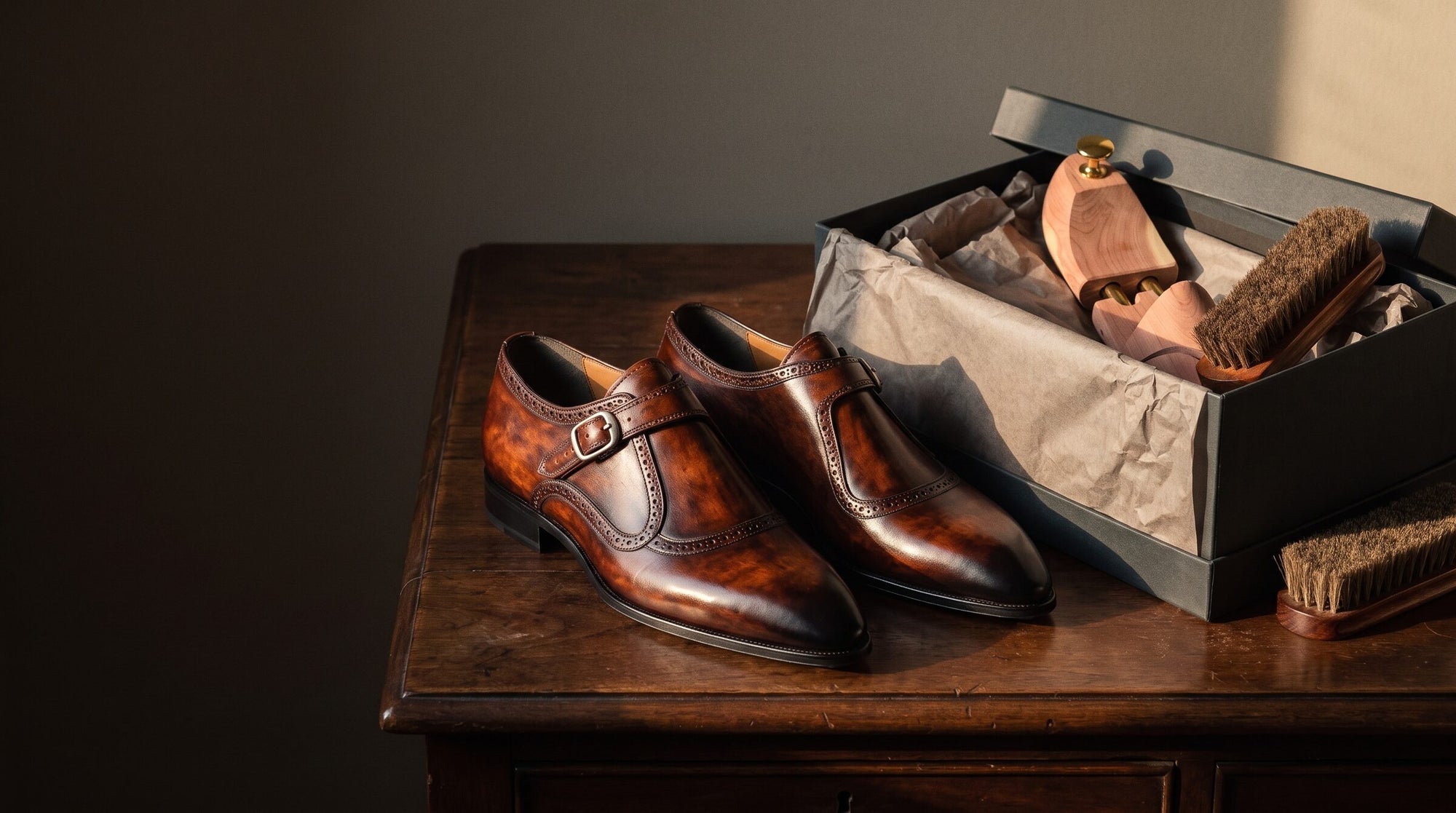 The Count brown patina monk strap pair on a walnut desk beside its box, a cedar shoe tree and a horsehair brush