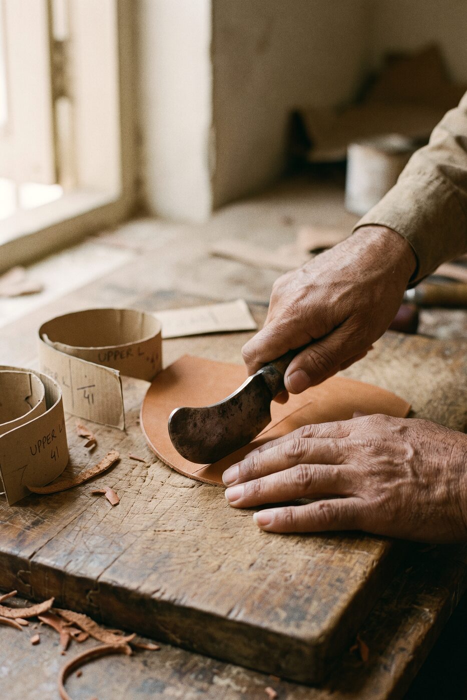 Hands cutting tan leather with a round knife beside card patterns